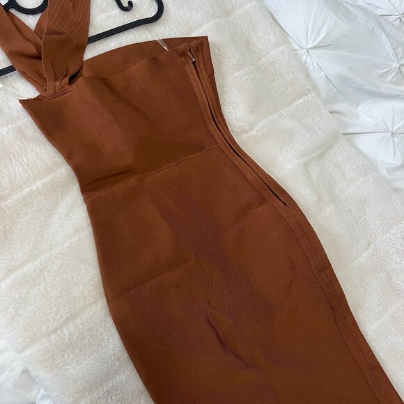 House of CB Aina Bodycon Bandage Midi Dress Brown Women's XS - Picture 4 of 4